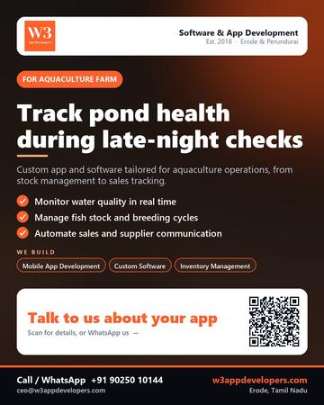 W3AppDevelopers poster for Aquaculture farm: Track pond health during late-night checks