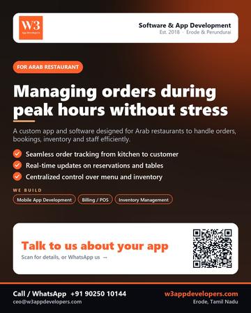 W3AppDevelopers poster for Arab restaurant: Managing orders during peak hours without stress