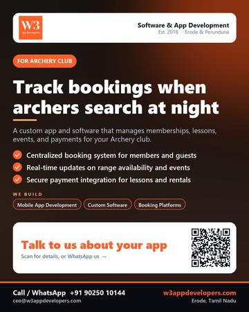 W3AppDevelopers poster for Archery club: Track bookings when archers search at night
