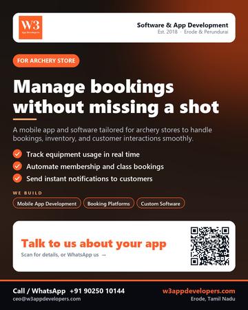 W3AppDevelopers poster for Archery store: Manage bookings without missing a shot