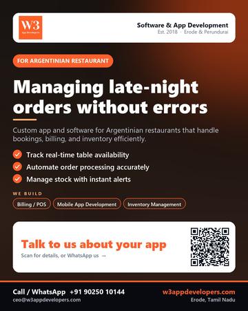 W3AppDevelopers poster for Argentinian restaurant: Managing late-night orders without errors