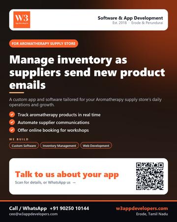 W3AppDevelopers poster for Aromatherapy supply store: Manage inventory as suppliers send new product emails