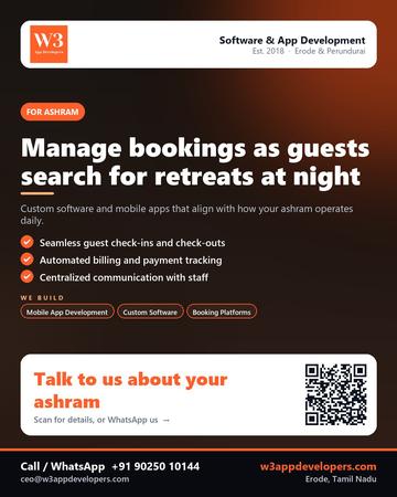 W3AppDevelopers poster for Ashram: Manage bookings as guests search for retreats at night