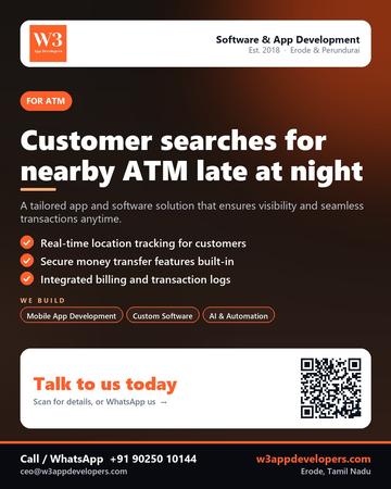 W3AppDevelopers poster for ATM: Customer searches for nearby ATM late at night