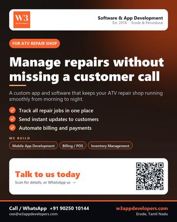 W3AppDevelopers poster for ATV repair shop: Manage repairs without missing a customer call