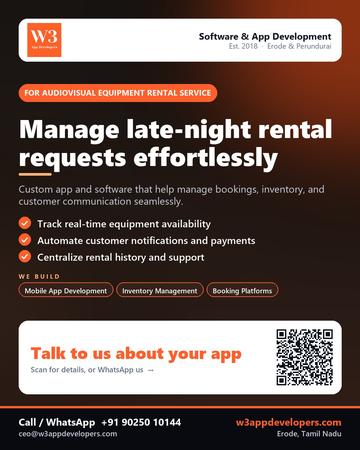 W3AppDevelopers poster for Audiovisual equipment rental service: Manage late-night rental requests effortlessly