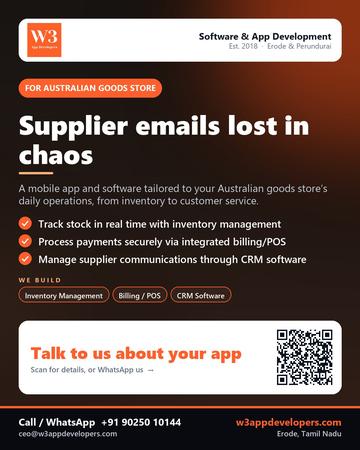 W3AppDevelopers poster for Australian goods store: Supplier emails lost in chaos