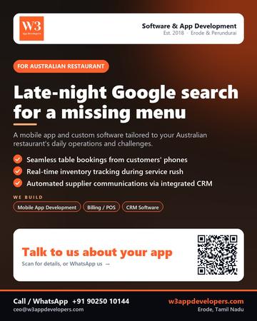 W3AppDevelopers poster for Australian restaurant: Late-night Google search for a missing menu