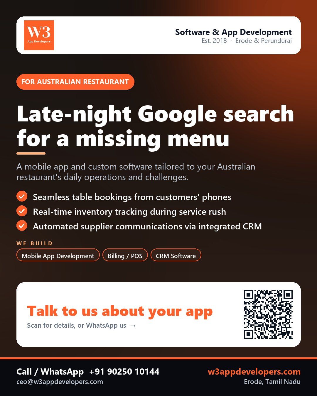 W3AppDevelopers - Custom mobile app solution for an Australian restaurant