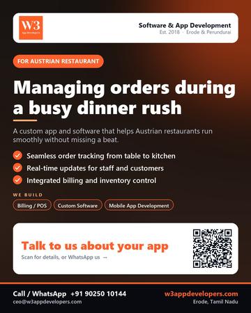 W3AppDevelopers poster for Austrian restaurant: Managing orders during a busy dinner rush
