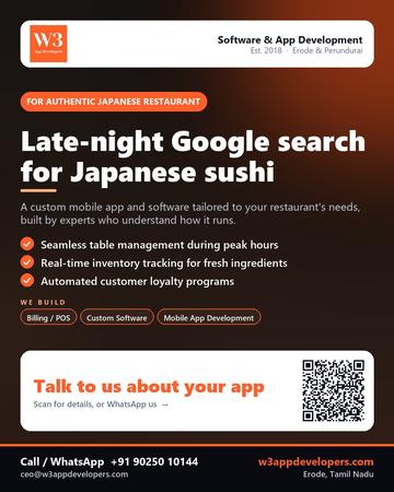 W3AppDevelopers poster for Authentic Japanese restaurant: Late-night Google search for Japanese sushi