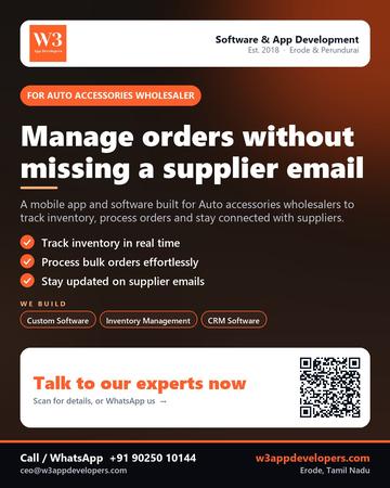 W3AppDevelopers poster for Auto accessories wholesaler: Manage orders without missing a supplier email