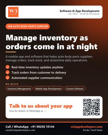 W3AppDevelopers poster for Auto body parts supplier: Manage inventory as orders come in at night