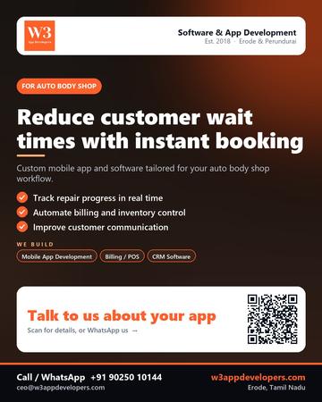W3AppDevelopers poster for Auto body shop: Reduce customer wait times with instant booking