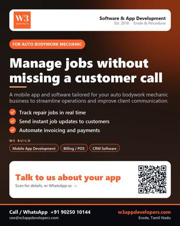 W3AppDevelopers poster for Auto bodywork mechanic: Manage jobs without missing a customer call