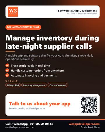 W3AppDevelopers poster for Auto chemistry shop: Manage inventory during late-night supplier calls