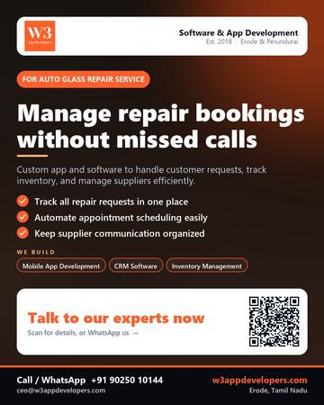 W3AppDevelopers poster for Auto glass repair service: Manage repair bookings without missed calls