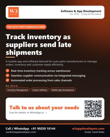 W3AppDevelopers poster for Auto parts manufacturer: Track inventory as suppliers send late shipments