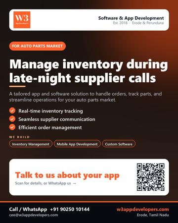 W3AppDevelopers poster for Auto parts market: Manage inventory during late-night supplier calls
