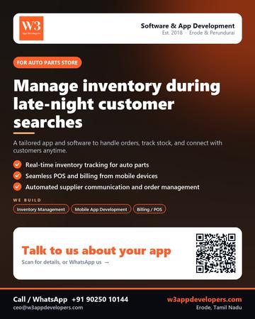 W3AppDevelopers poster for Auto parts store: Manage inventory during late-night customer searches