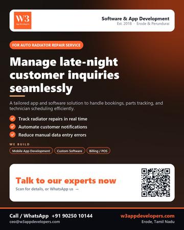 W3AppDevelopers poster for Auto radiator repair service: Manage late-night customer inquiries seamlessly