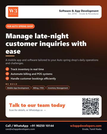 W3AppDevelopers poster for Auto spring shop: Manage late-night customer inquiries with ease