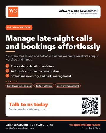 W3AppDevelopers poster for Auto wrecker: Manage late-night calls and bookings effortlessly