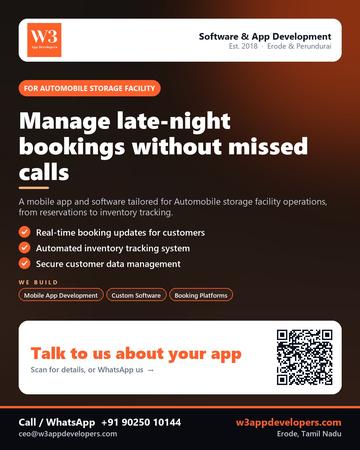W3AppDevelopers poster for Automobile storage facility: Manage late-night bookings without missed calls