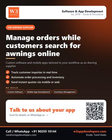 W3AppDevelopers poster for Awning supplier: Manage orders while customers search for awnings online