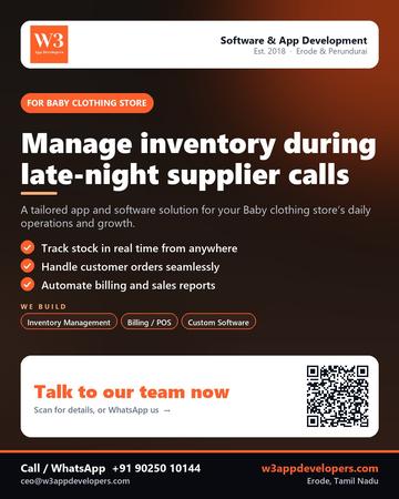 W3AppDevelopers poster for Baby clothing store: Manage inventory during late-night supplier calls