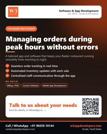 W3AppDevelopers poster for Baden restaurant: Managing orders during peak hours without errors