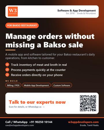 W3AppDevelopers poster for Bakso restaurant: Manage orders without missing a Bakso sale