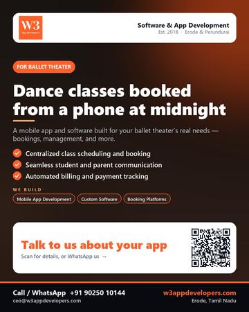 W3AppDevelopers poster for Ballet theater: Dance classes booked from a phone at midnight