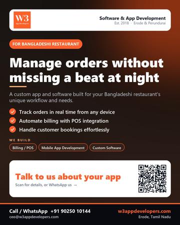 W3AppDevelopers poster for Bangladeshi restaurant: Manage orders without missing a beat at night