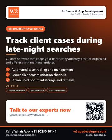 W3AppDevelopers poster for Bankruptcy attorney: Track client cases during late-night searches
