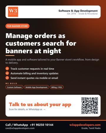 W3AppDevelopers poster for Banner store: Manage orders as customers search for banners at night