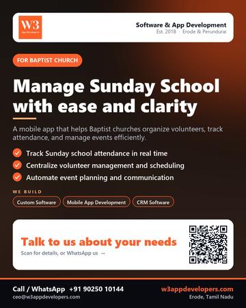 W3AppDevelopers poster for Baptist church: Manage Sunday School with ease and clarity