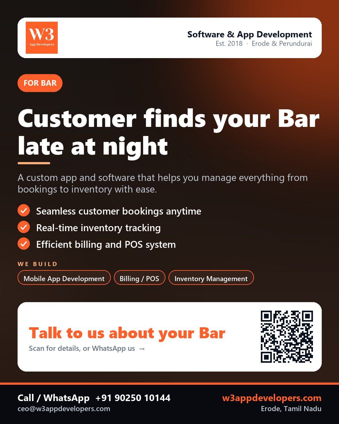 W3AppDevelopers custom software solution for Bars and pubs