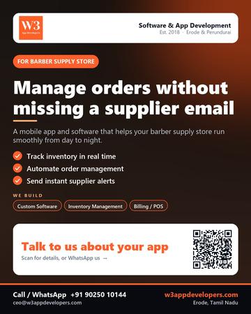 W3AppDevelopers poster for Barber supply store: Manage orders without missing a supplier email