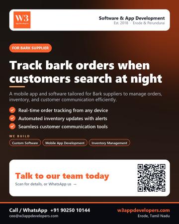 W3AppDevelopers poster for Bark supplier: Track bark orders when customers search at night