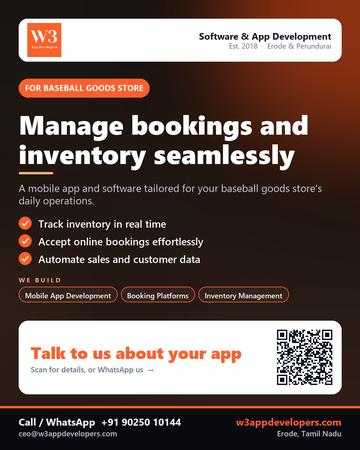W3AppDevelopers poster for Baseball goods store: Manage bookings and inventory seamlessly