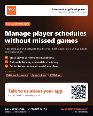 W3AppDevelopers poster for Basketball club: Manage player schedules without missed games