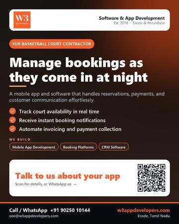 W3AppDevelopers poster for Basketball court contractor: Manage bookings as they come in at night