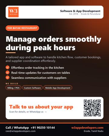 W3AppDevelopers poster for Batak restaurant: Manage orders smoothly during peak hours