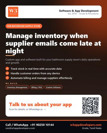 W3AppDevelopers poster for Bathroom supply store: Manage inventory when supplier emails come late at night
