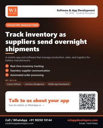 W3AppDevelopers poster for Battery manufacturer: Track inventory as suppliers send overnight shipments