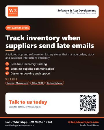 W3AppDevelopers poster for Battery store: Track inventory when suppliers send late emails