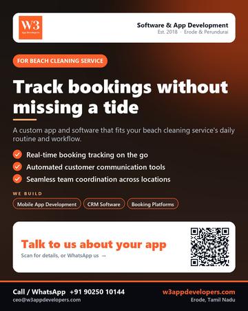 W3AppDevelopers poster for Beach cleaning service: Track bookings without missing a tide