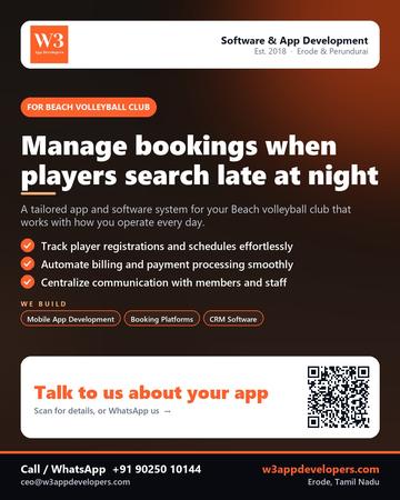 W3AppDevelopers poster for Beach volleyball club: Manage bookings when players search late at night