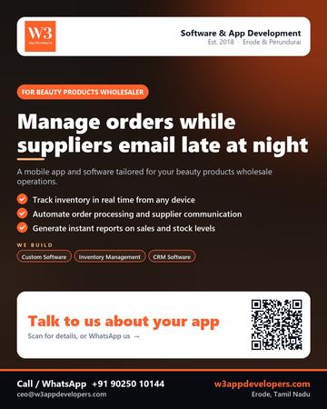 W3AppDevelopers poster for Beauty products wholesaler: Manage orders while suppliers email late at night